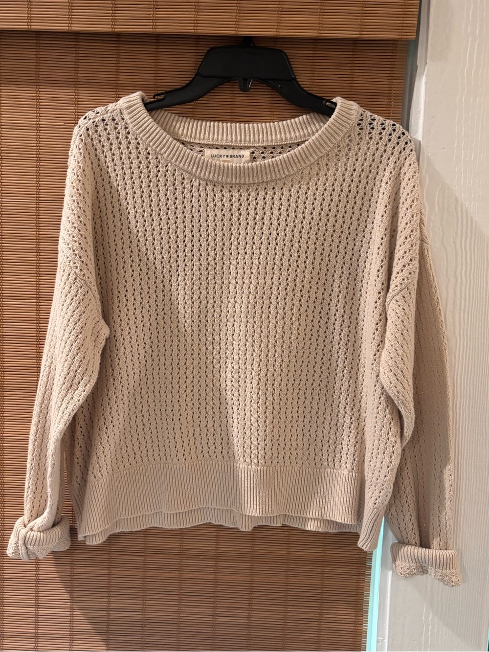 Lucky Brand Open Knit Sweater Women’s Large Cream Pointelle Boho Pullover